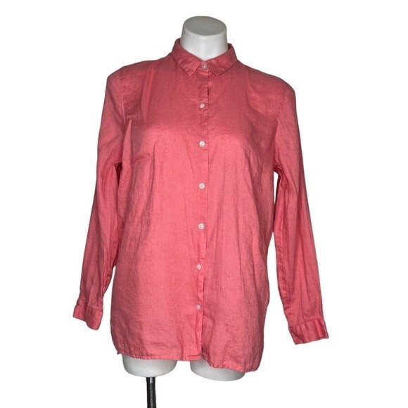 J JILL Love Linen Button Up Shirt Tunic Pink Coral Size Medium - Picture 1 of 11
